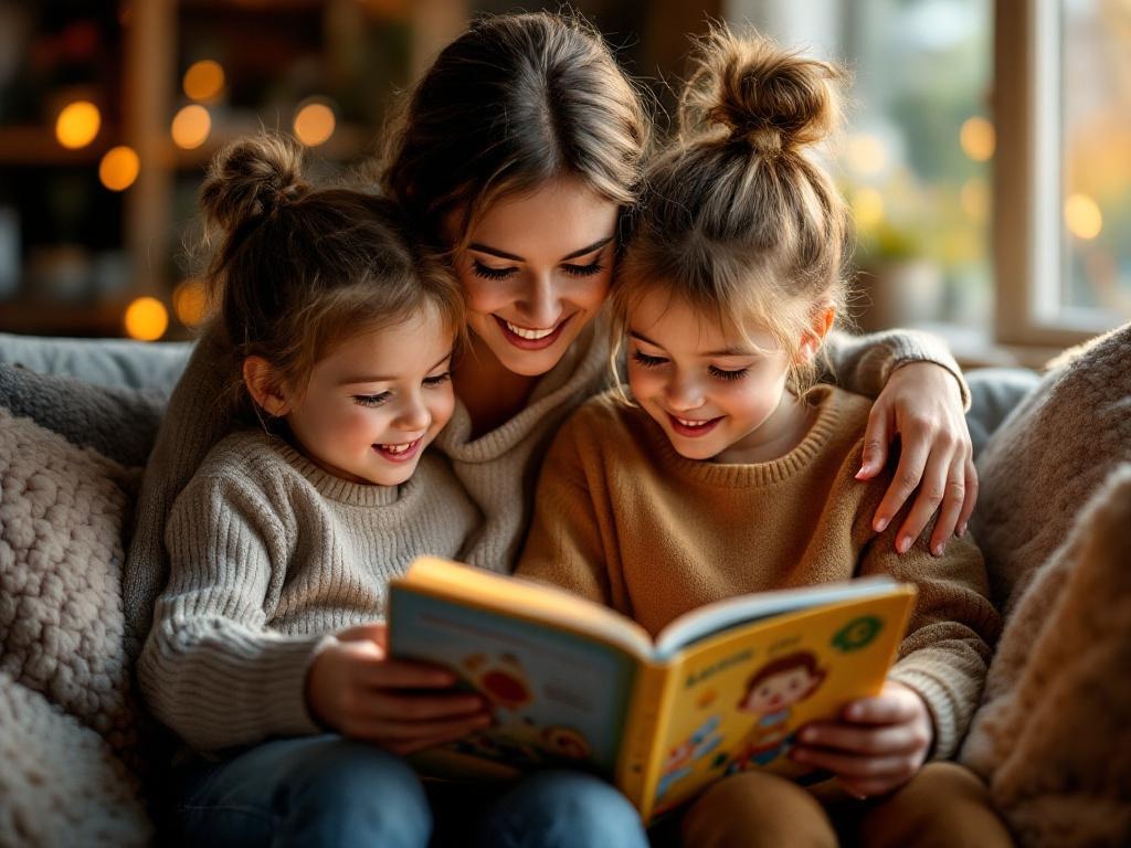 Maman et enfants qui lisent un livre personnalisé Pitiboo